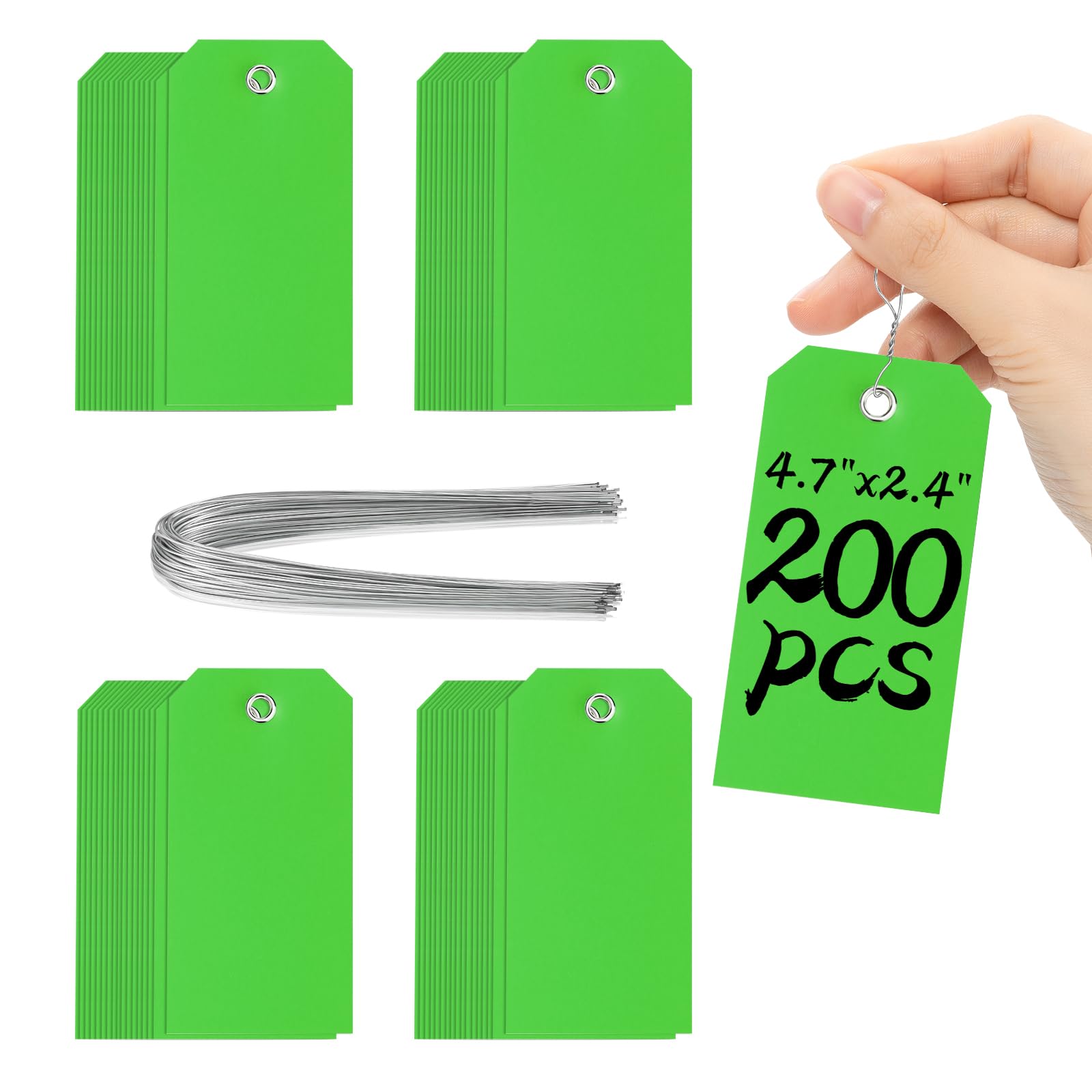 200 Pieces Green Plastic Hang Tags 4 3/4" x 2 3/8" With Wire for Labeling, Shipping, Inventory, Luggage, Garage Parts - Waterproof, Writable, Heavy Duty