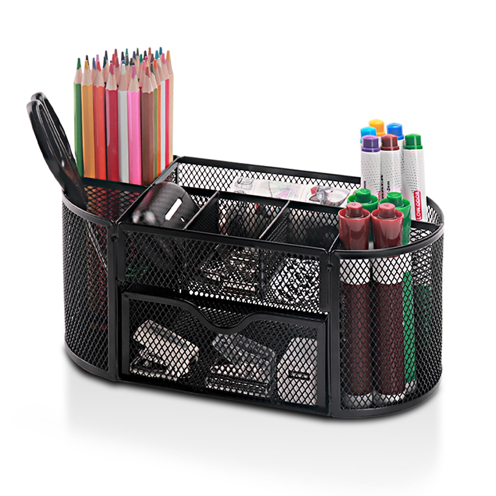 Comix Pen Holder, Mesh Desk Organizers with 8 Compartments and 1 Drawer, Oval Shaped Pencil Holder for Home School Office Supplies