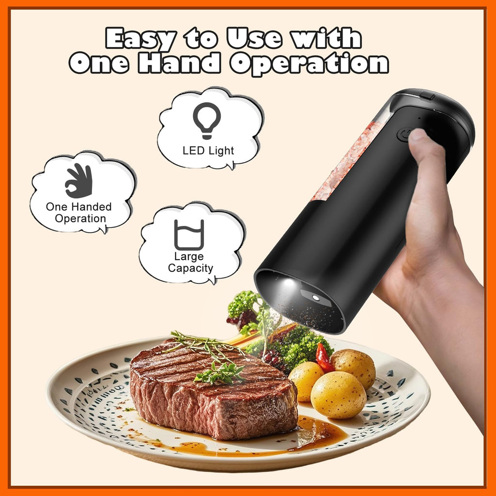 Rechargeable Salt and Pepper Grinder Set - Automatic Electric Salt and Pepper Mill with Type-C Charging Cable, White Light, Adjustable Coarseness, One Hand Operation, Black, 2 Pack