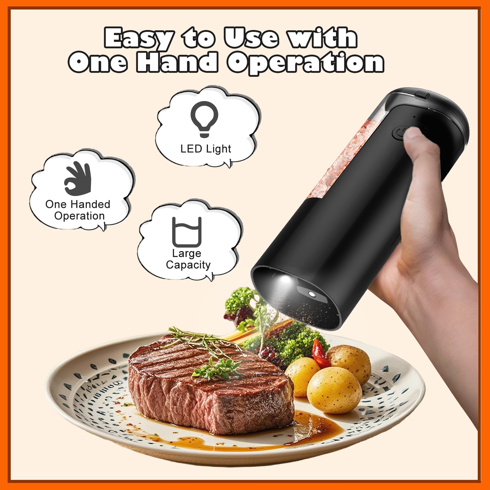 Rechargeable Salt and Pepper Grinder Set - Automatic Electric Salt and Pepper Mill with Type-C Charging Cable, White Light, Adjustable Coarseness, One Hand Operation, Black, 2 Pack