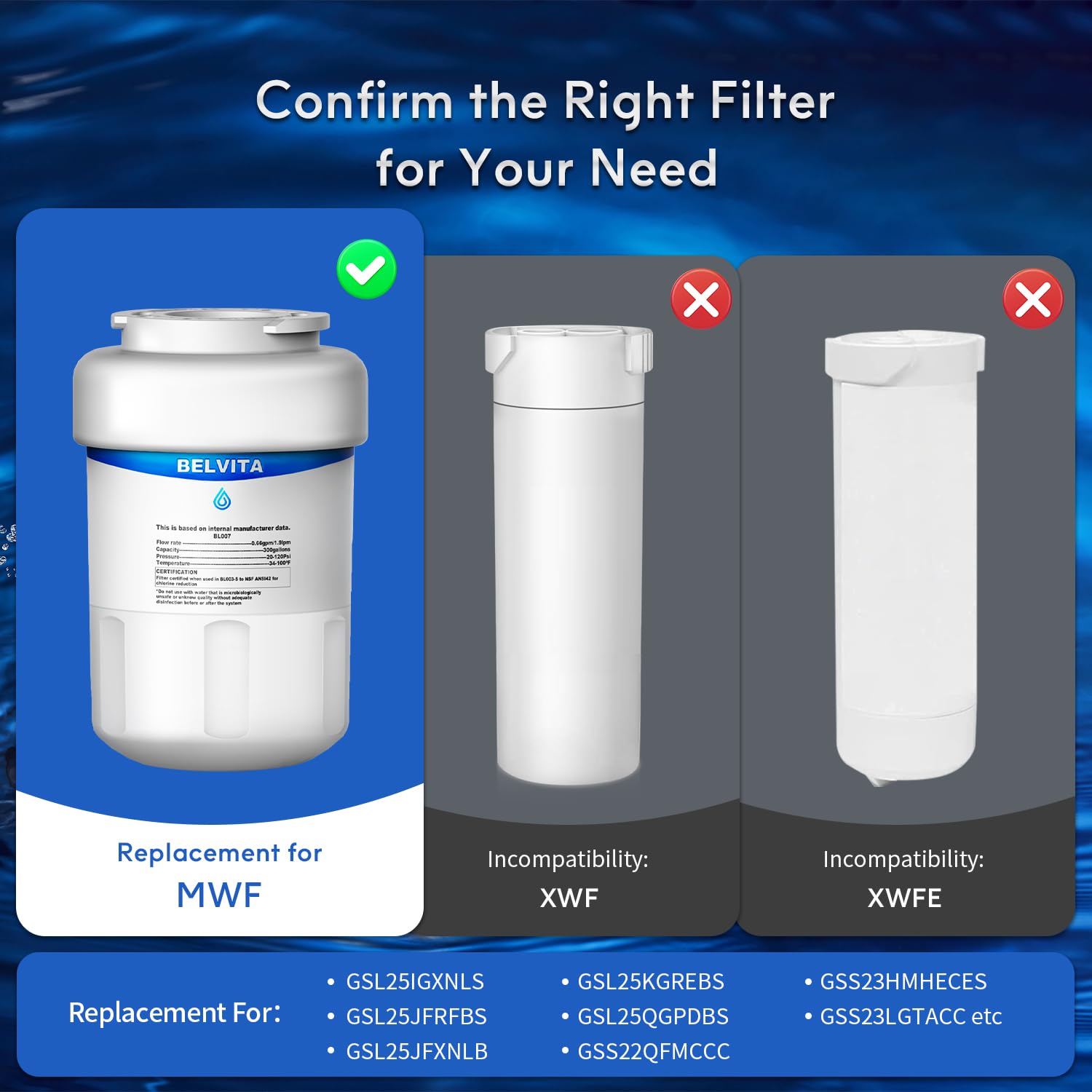 BELVITA Refrigerator Water Filter Replacement for GE MWF, MWFINT, SmartWater, MWFP, MWFA, GWF, GWF01,GWF06,GWFA,HWFA,HDX FMG-1,WFC1201,PC75009,RWF1060,197D6321P006, Kenmore 46-9991,GSE25GSHECSS, 3PACK
