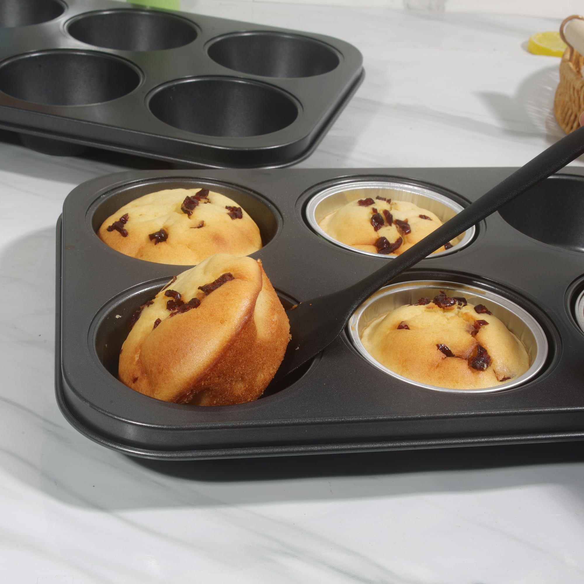 Bakexcel Non-Stick Jumbo Muffin Pans, 6-Cup Set of 2 Baking Pans with a Spatula for Extra-large Muffins & Cupcakes