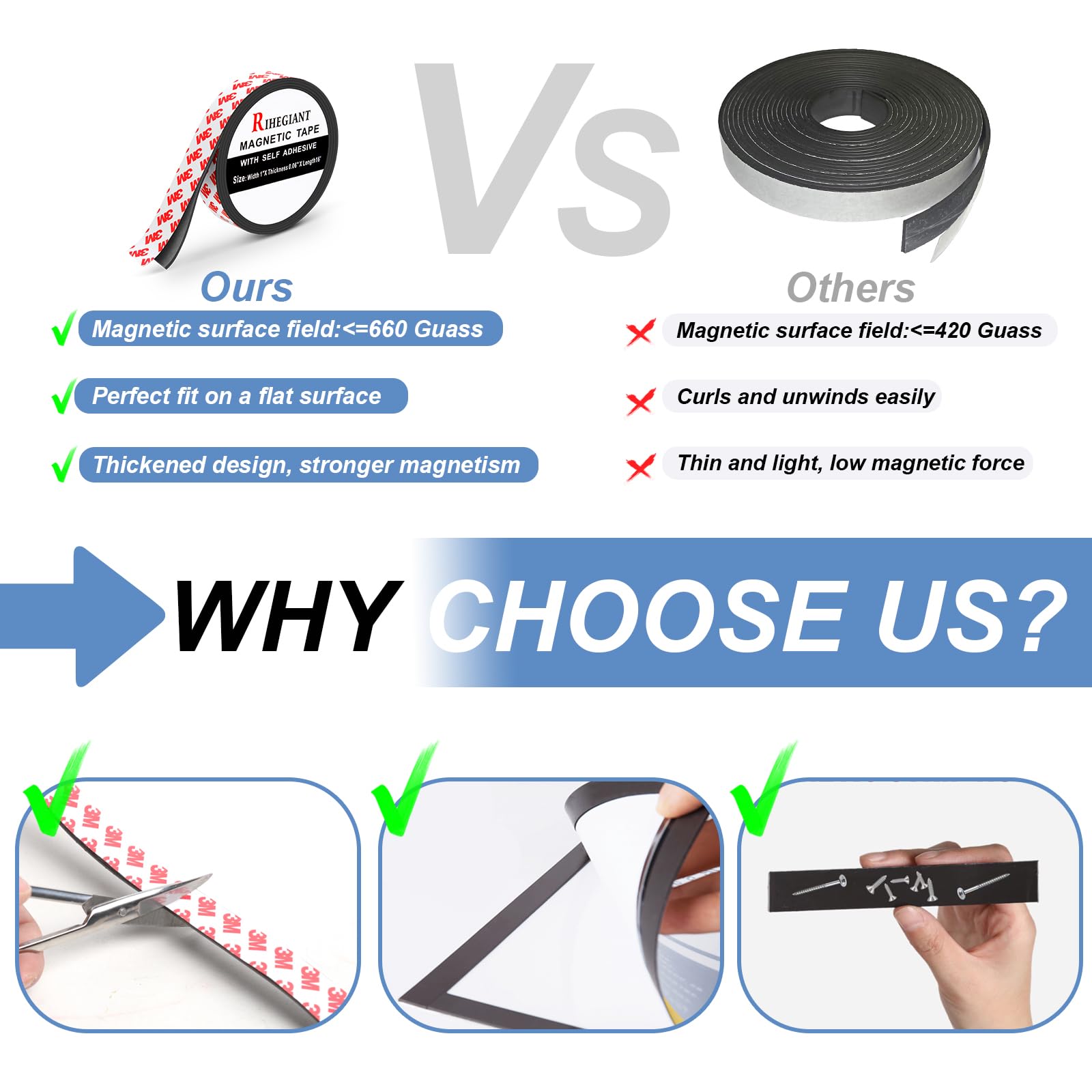 RIHEGIANT 3M Magnetic Strip Rolls - 1" x 16ft Strong Magnet with Adhesive Backing, Multipurpose Flexible Rubber Strips for Kitchen, Office, School, Etc.
