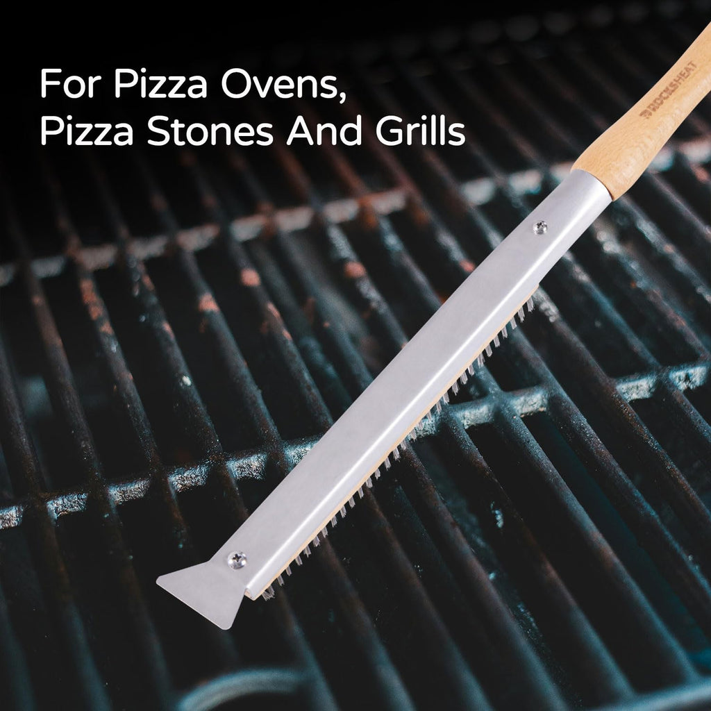 ROCKSHEAT Pizza Oven Brush, 20 Inch Grill Cleaning Brush with Scraper, Heat Resistant Stainless Steel Bristles, Beech Wood Handle, 2 in 1 Pizza Stones Brush, Ooni Ourdoor Pizza Oven Accessories