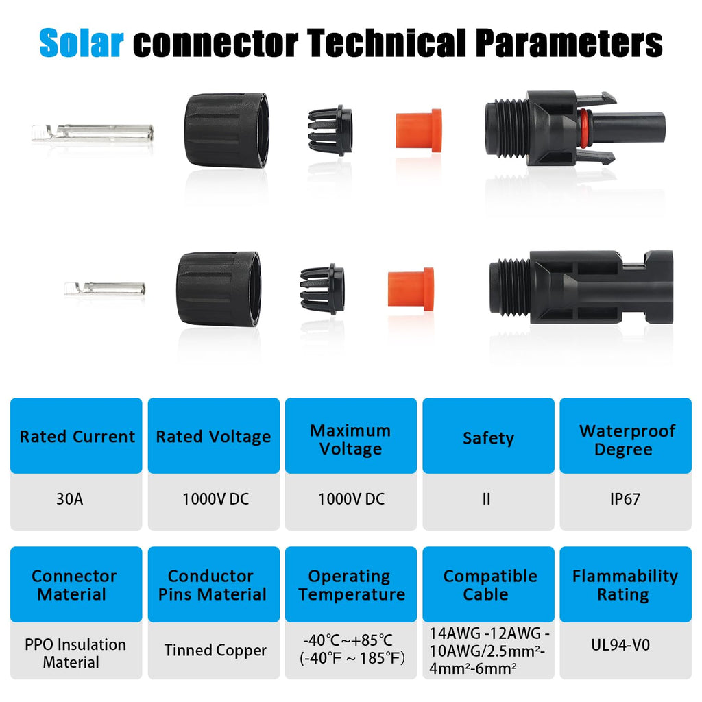 MC4 Solar Panel Connectors 1 Pair 2 to 1 Solar Y Branch Connector 6 Pairs Male & Female Solar Cable Connectors Parallel Connection Adapter Cable Wire Plug with 2 Spanner Wrenches IP67 Waterproof