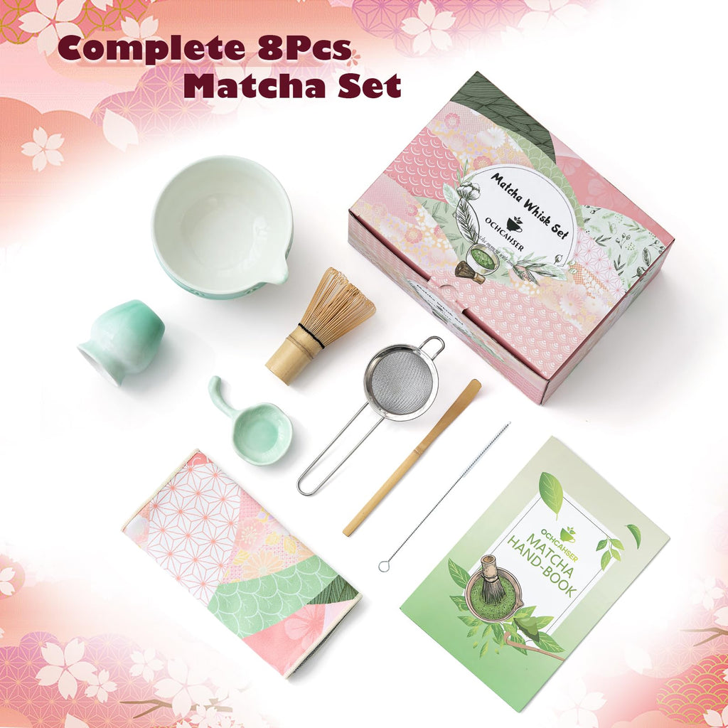 Matcha Tea Set, 8 Pcs Japanese Matcha Kit with Cherry Blossom and Wave Design Ceramic Bowl, Bamboo Whisk, Whisk Holder, Scoop, Sifter, Brush, Matcha Whisk Set for Matcha Lovers (Green Gradient)