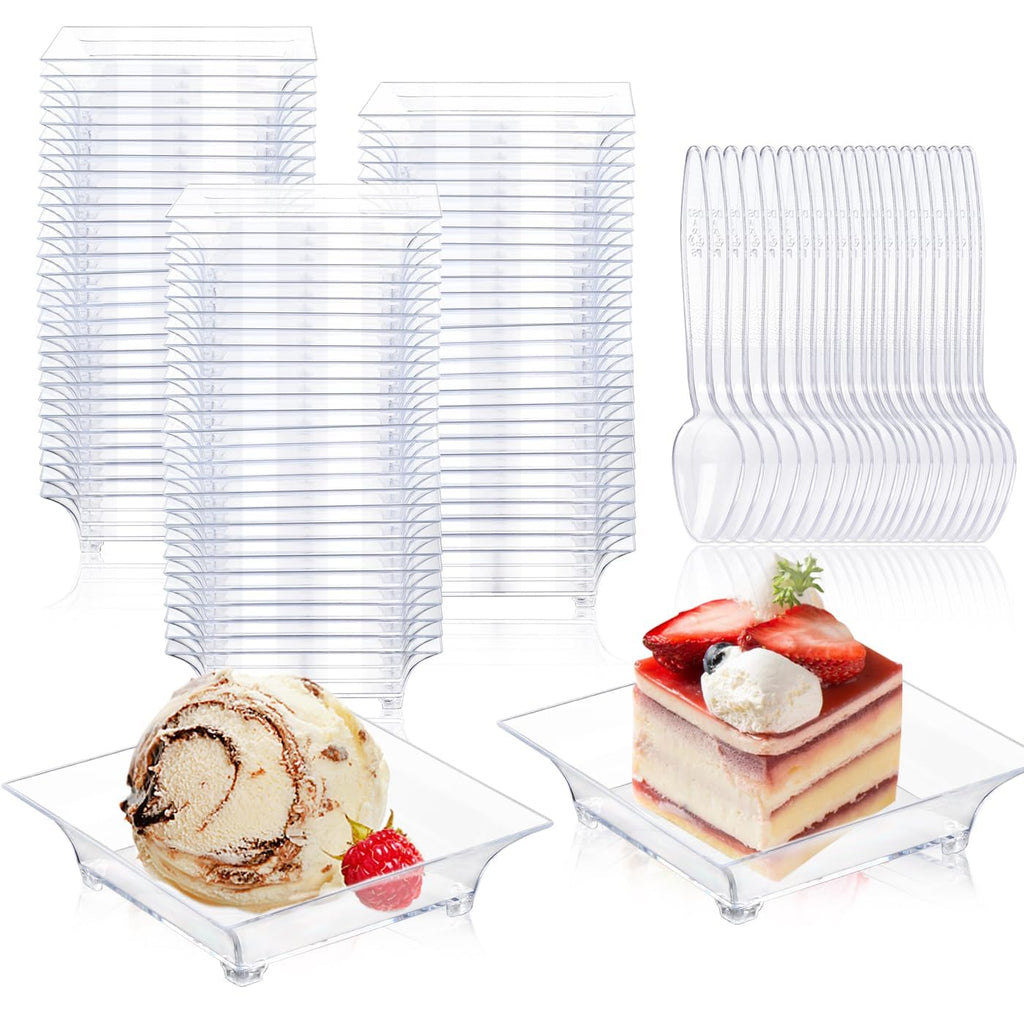 150 Pack Mini Dessert Plates with Tasting Spoons for 150 Guests, 2.4'' Small Clear Dessert Plates for Appetizer, Reusable Mini Square Plastic Appetizer Plates Set for Dessert, Sauce