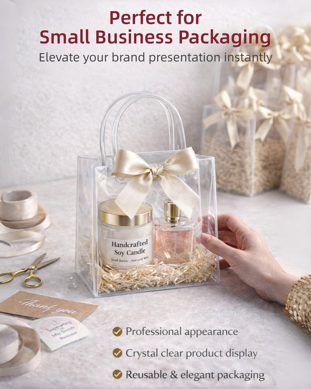 VAGREEZ Clear Gift Bags with Handle and Ribbon 25 Pack | Reusable, Transparent, Assorted Sizes, Bulk Loot Bags | Ideal for Party, Wedding, Birthday, Christmas and Small Business | 7.9"X3.15"X7.9", Small-Size