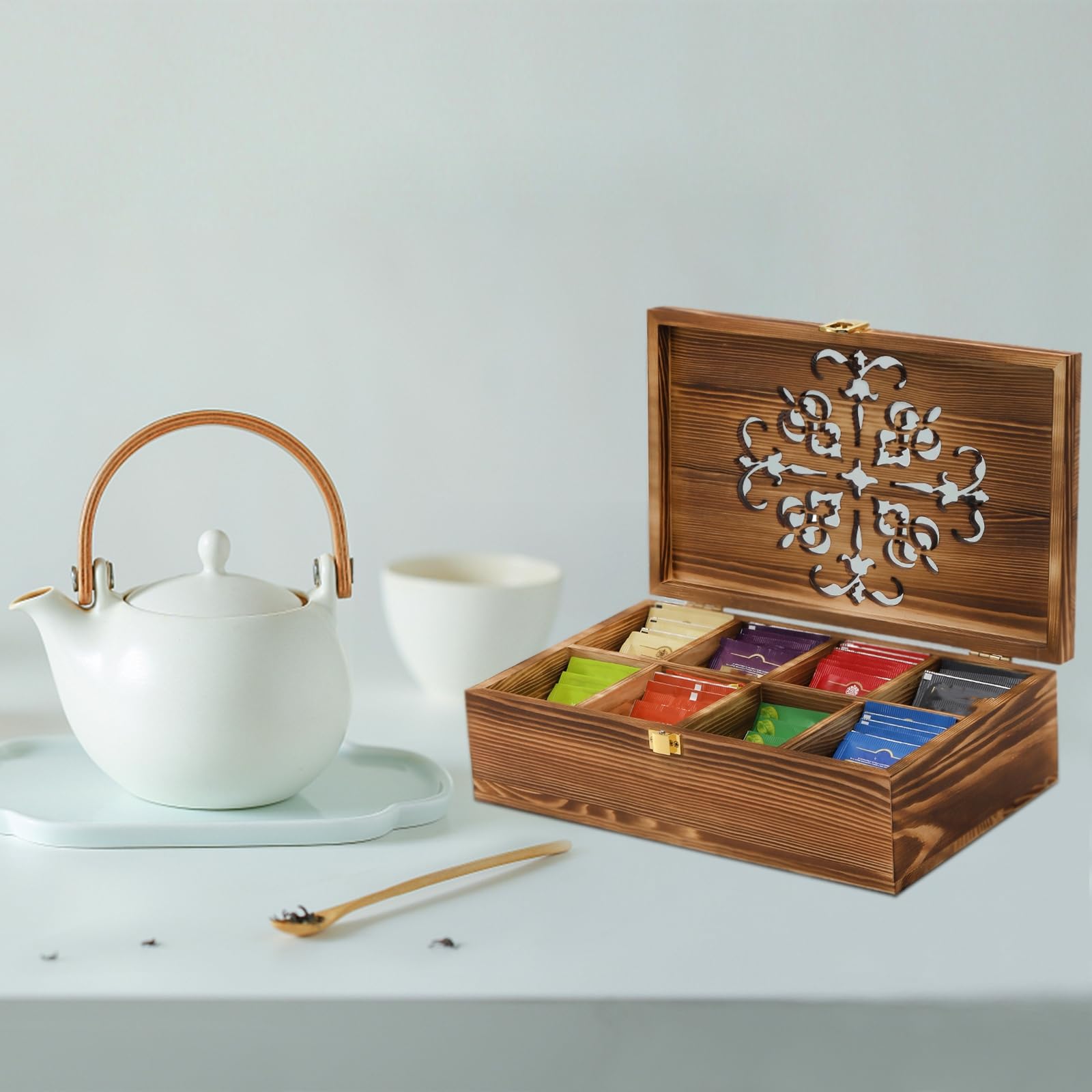 Coloch Wooden Tea Bag Storage Box with Carved Lid, 8-Compartment Tea Chest Organizer Spice Packets Container for Living Room, Kitchen, Gift for Office, Home Decor