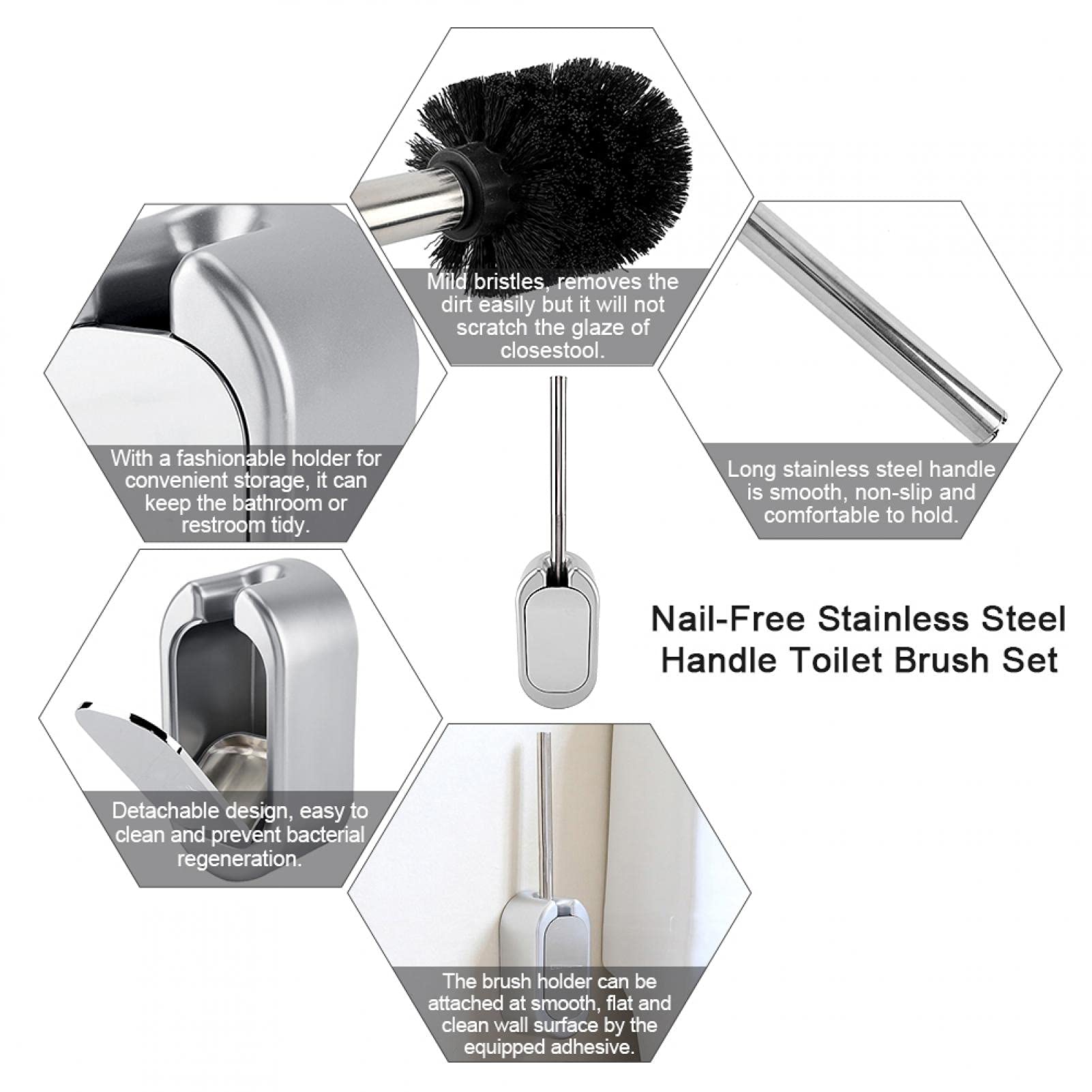 Stainless Luxury Toilet Brush Toilet Brush Set Compact Wall-Mounted Toilet Brush Holder with Stainless Steel Handle for Bathroom Storage and Organization(Silver)