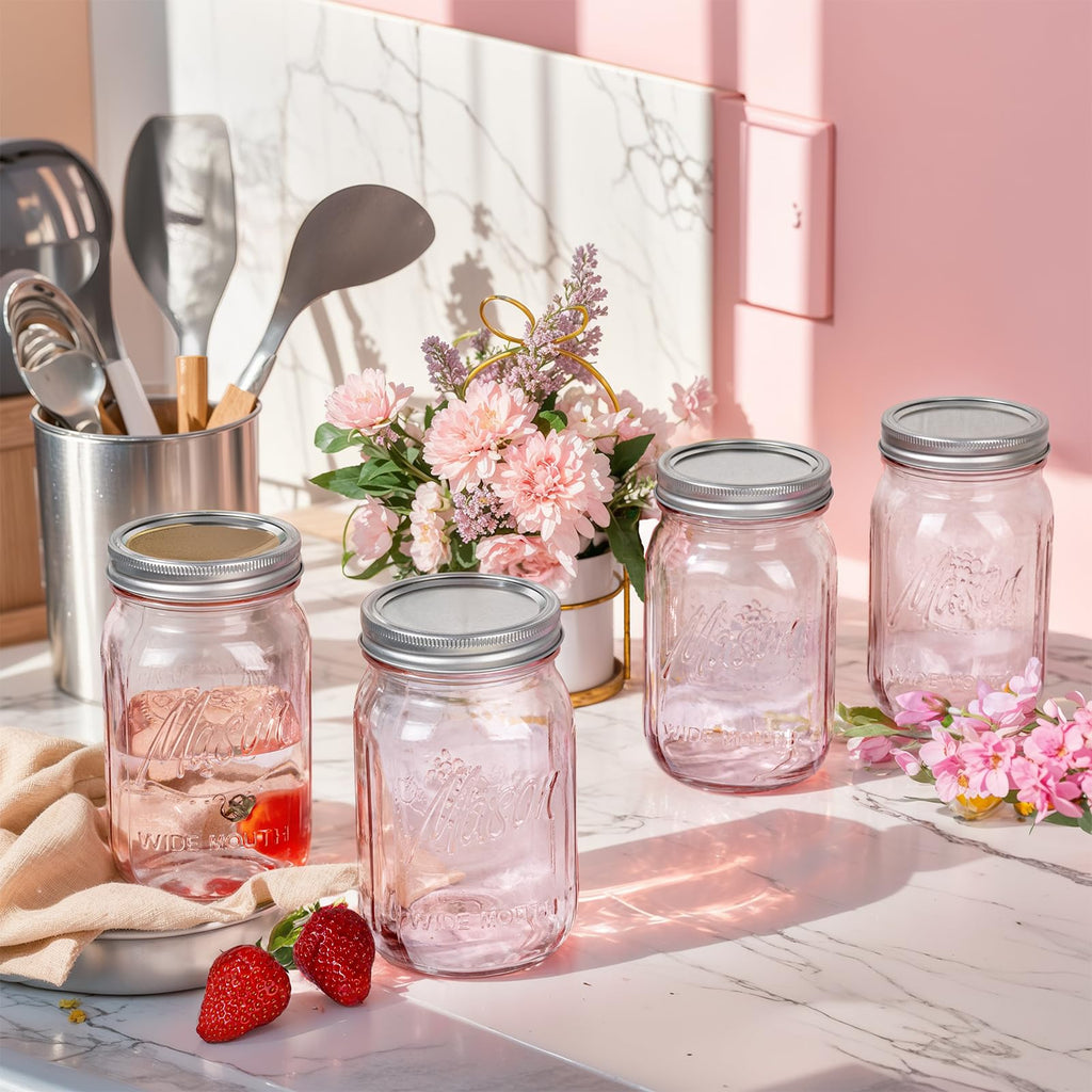 I00000 Pink Mason Jars 32 oz,4 Pack Wide Mouth Mason Jars for Safe Storage,Fermenting,Pickling,DIY,Crafts Decoration