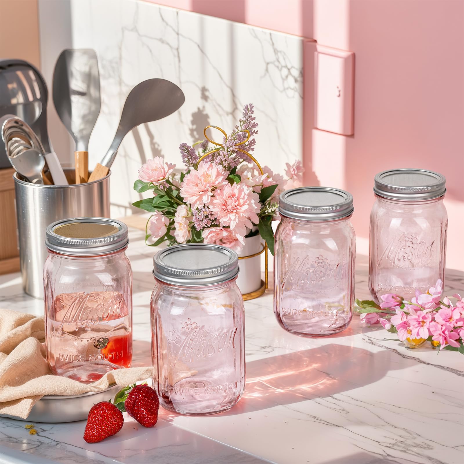 I00000 Pink Mason Jars 32 oz,4 Pack Wide Mouth Mason Jars for Safe Storage,Fermenting,Pickling,DIY,Crafts Decoration