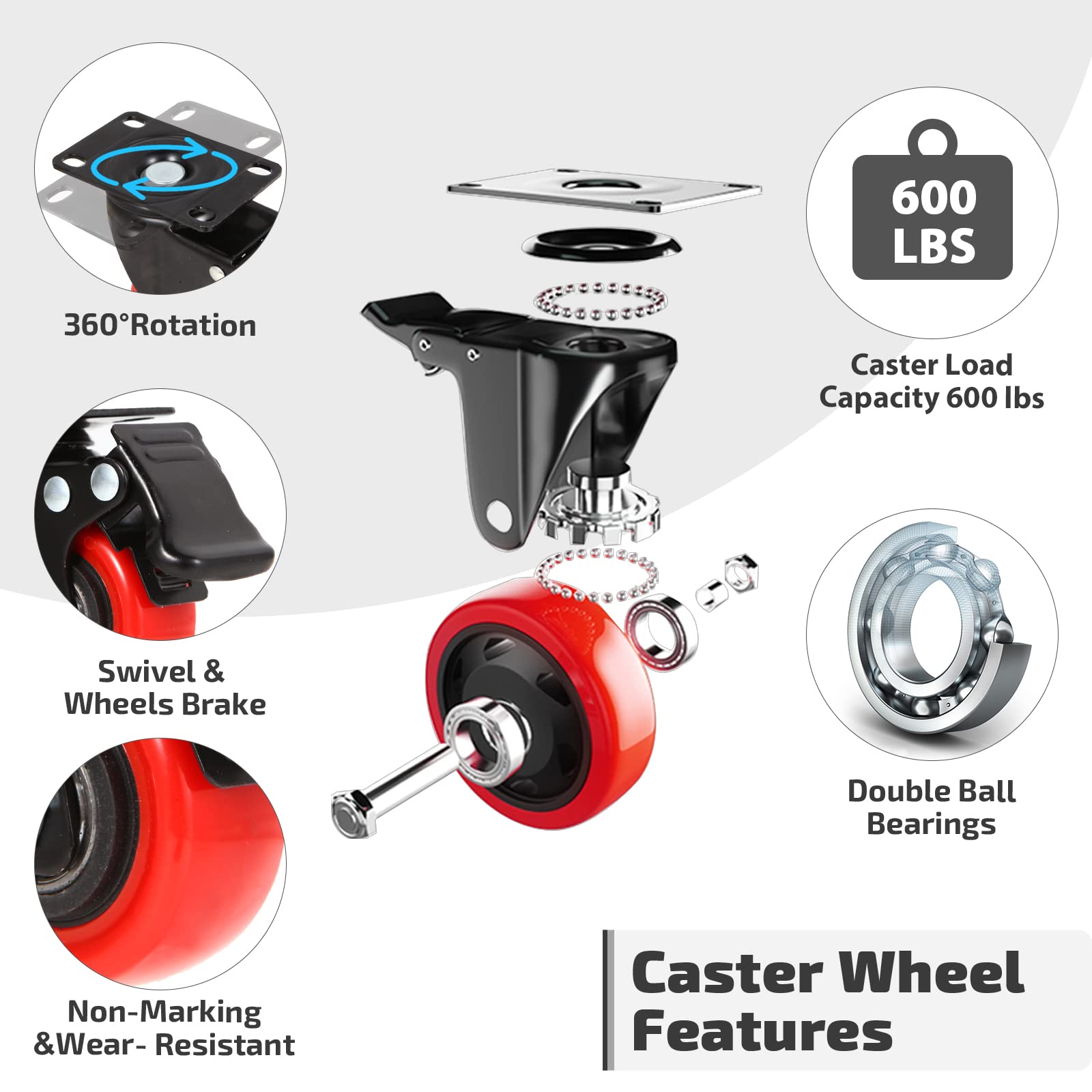 Nefish 2 Inch Casters Set of 4, Heavy Duty Top Plate Caster Wheels with Brake 600 Lbs, Durable Locking Furniture Castors, 360 Degree Swivel Casters, No Noise Polyurethane Wheels for Cabinet, Furniture