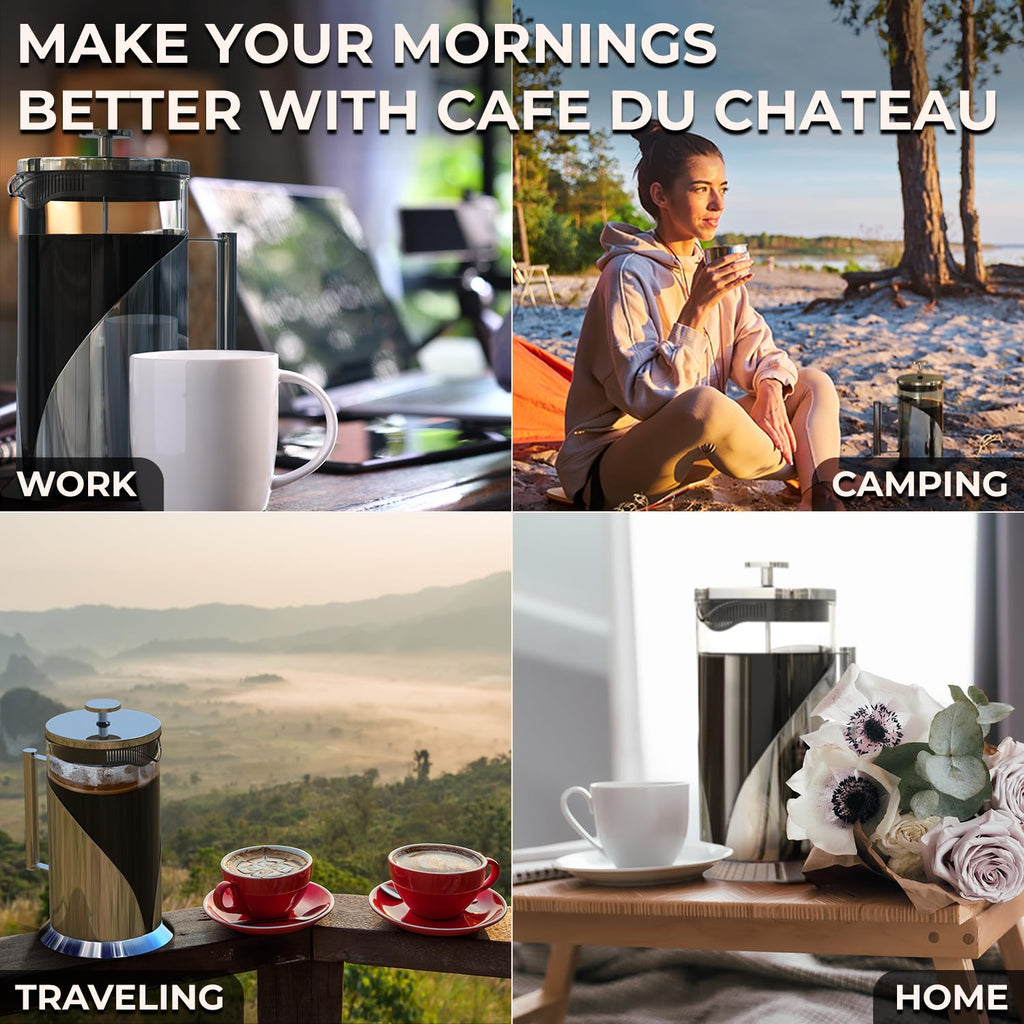 French Press Coffee Maker 34oz – Stainless Steel & Glass Coffee Press with 4-Level Filtration, BPA-Free Cafetiere for Camping or Home – Large, Durable for Hot & Cold Brew