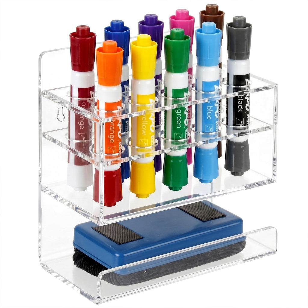 MyGift Wall-Mounted 2-Tier Clear Acrylic 10-Slot Dry Erase Whiteboard Marker and Eraser Holder Stand