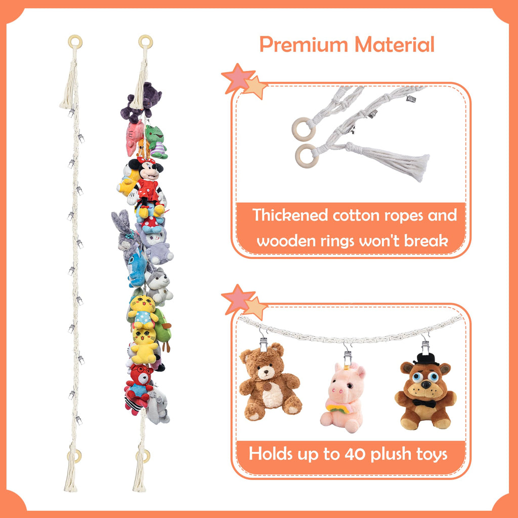 2Pcs Stuffed Animals Storage Chain 80" Hanging Organizer with 40 Metal Clips Stuffed Animal Display Holder Macrame Stuffed Animal Chain Decor Hanger for Nursery Playroom Wall Corner