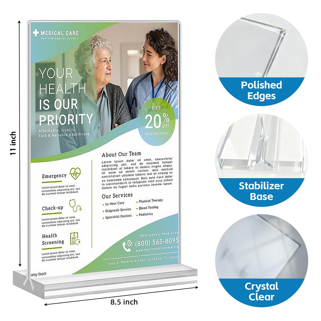 4 Pack Acrylic Sign Holder 8.5 x 11,Clear Menu Stand, Double-Sided Clear Sign Holder, Vertical Plastic Stands for Display, Stand up Table Top Frame Paper Holder for Office Business Store Restaurants