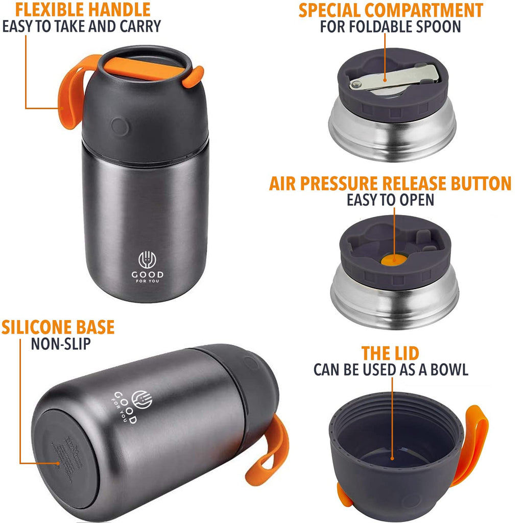 Insulated Food Flask - 730ml Stainless Steel Jar for Hot and Cold Meals – Double-Wall Insulation, Thermal Food Container for School, Office, Travel, Camping - Foldable Spoon, Bag - Grey - 24.7 oz