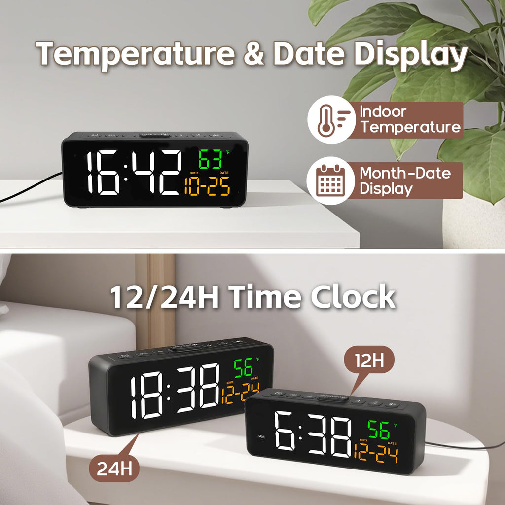 Netzu 3-in-1 Digital Clocks for Living Room with Temperature, Date & Time Display - 4 Levels Birghtness, 3 Volumes, Small Plug-in Alarm Clock for Bedroom, Office (Black)