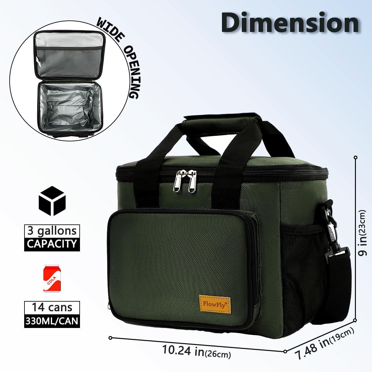 FlowFly Insulated Lunch Bag Adult Lunch Box Large Cooler Tote Bag with Top Handle for Men, Women, with Adjustable Strap,Front Pocket and Dual Large Mesh Side Pockets, ArmyGreen