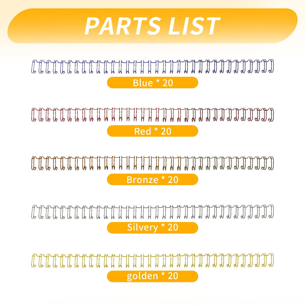 Aynaxcol 100 Pack Metal Twin Loop Binding Wire Coils, 32-Loop, 3/8" Mixing Color Double Loop Wire Binding Rings Wire, 3:1 Pitch, Multi Color Binding Spirals 10mm
