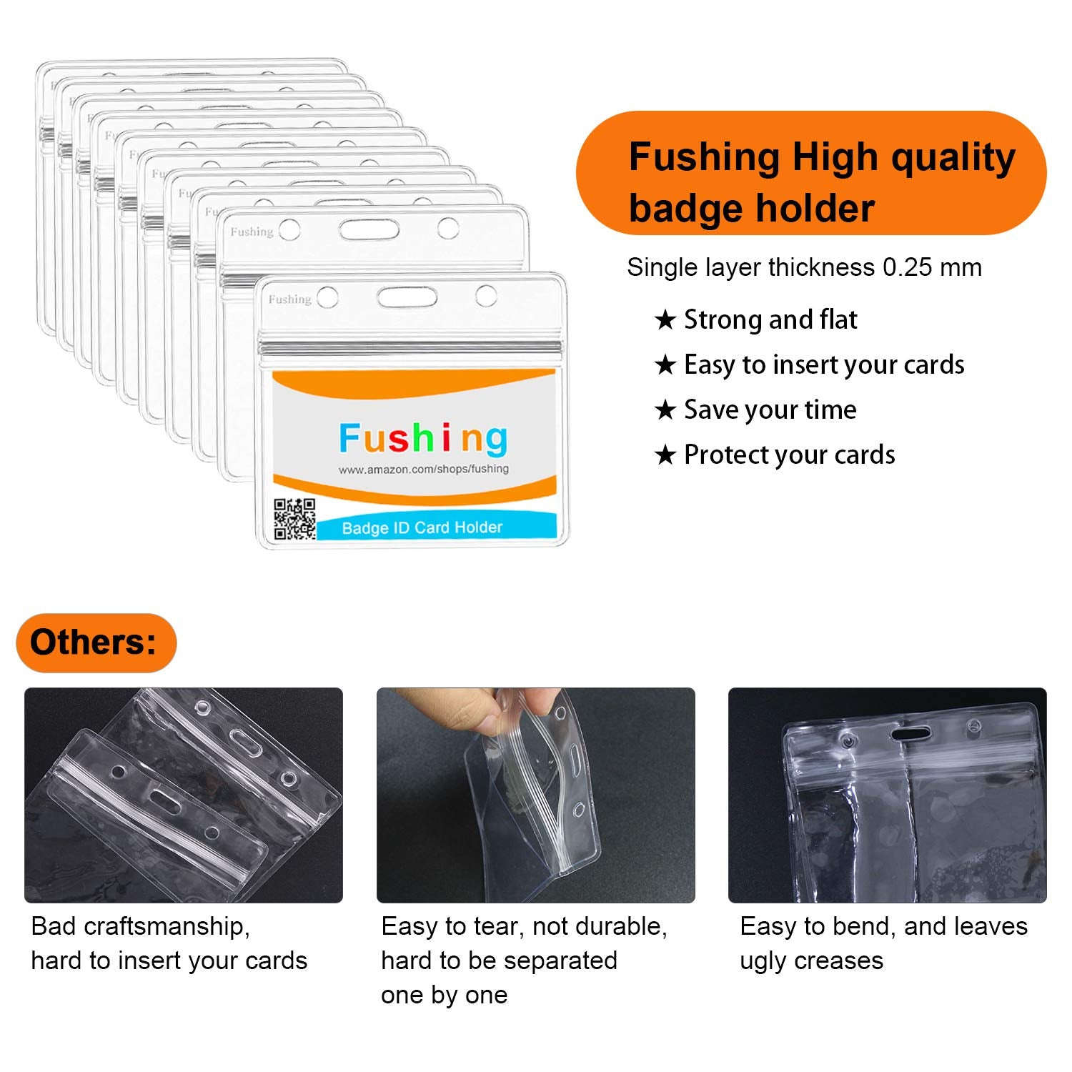 Fushing 70PCS Clear Waterproof Plastic Horizontal Badge Holders Name Tag Badge ID Card Holders
