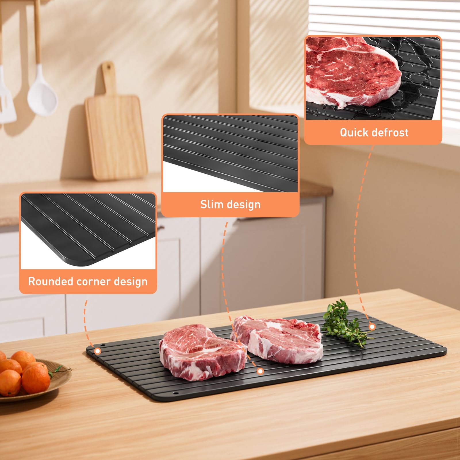 Thawing Plate Aluminum Alloy Quick Thawing Board Kitchen Tool for Freezing Quick Thawing Ingredients Such As Meat, Steak, Chicken and Fish-no Electricity, No Microwave (Black)