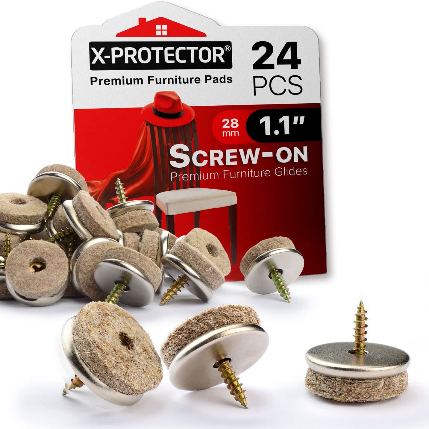 Screw-On Felt Pads X-Protector – 24 Felt Chair Pads for Hardwood Floors 1.1" – Premium Chair Glides – Beige Floor Protectors for Furniture Legs – The Best Furniture Sliders for Hardwood Floors