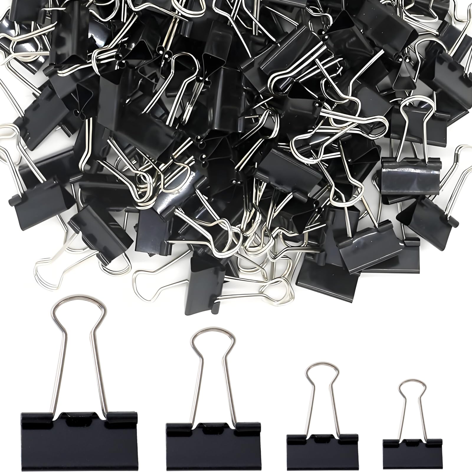 VEGCOO 140 PCS Black Paper Binder Clips, Assorted Sizes Bulldog Clips, Metal Binder Clip, Binder Clips Medium Size, Paper Clips Clamps for Home School Business Office Supplies(32/25/19/15mm)