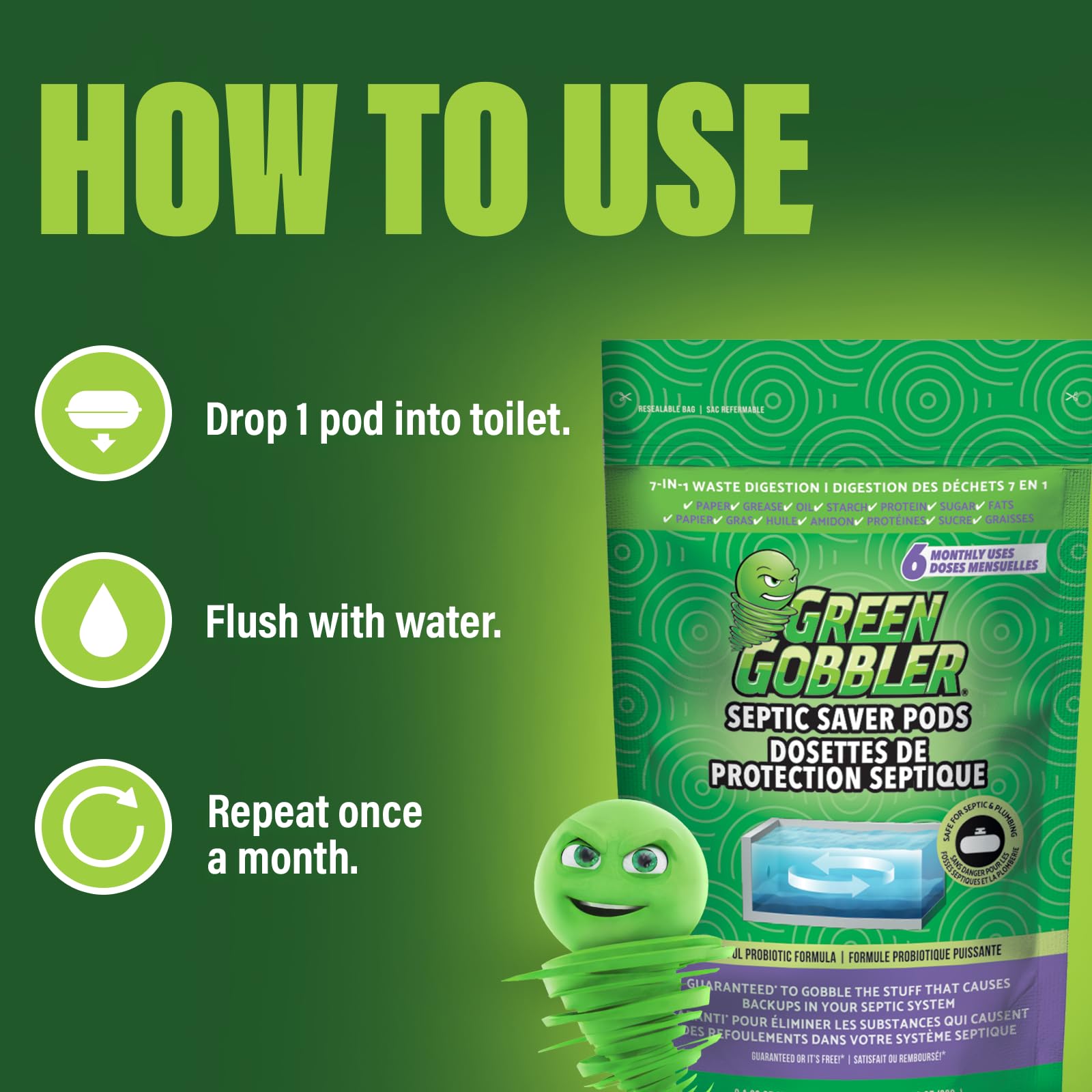 Green Gobbler Septic Saver Bacteria Enzyme Pacs | 6 Month Septic Tank Supply | Septic Tank Teatment Packets