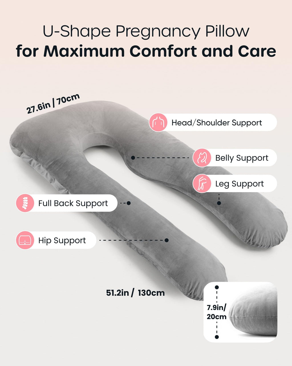 Nuliie Pregnancy Pillow for Sleeping, U Shaped Full Body Pillow Pregnancy Pillows, Maternity Pillow Support for Back, HIPS, Legs for Pregnant Women, with Washable Velvet Cover (Grey)