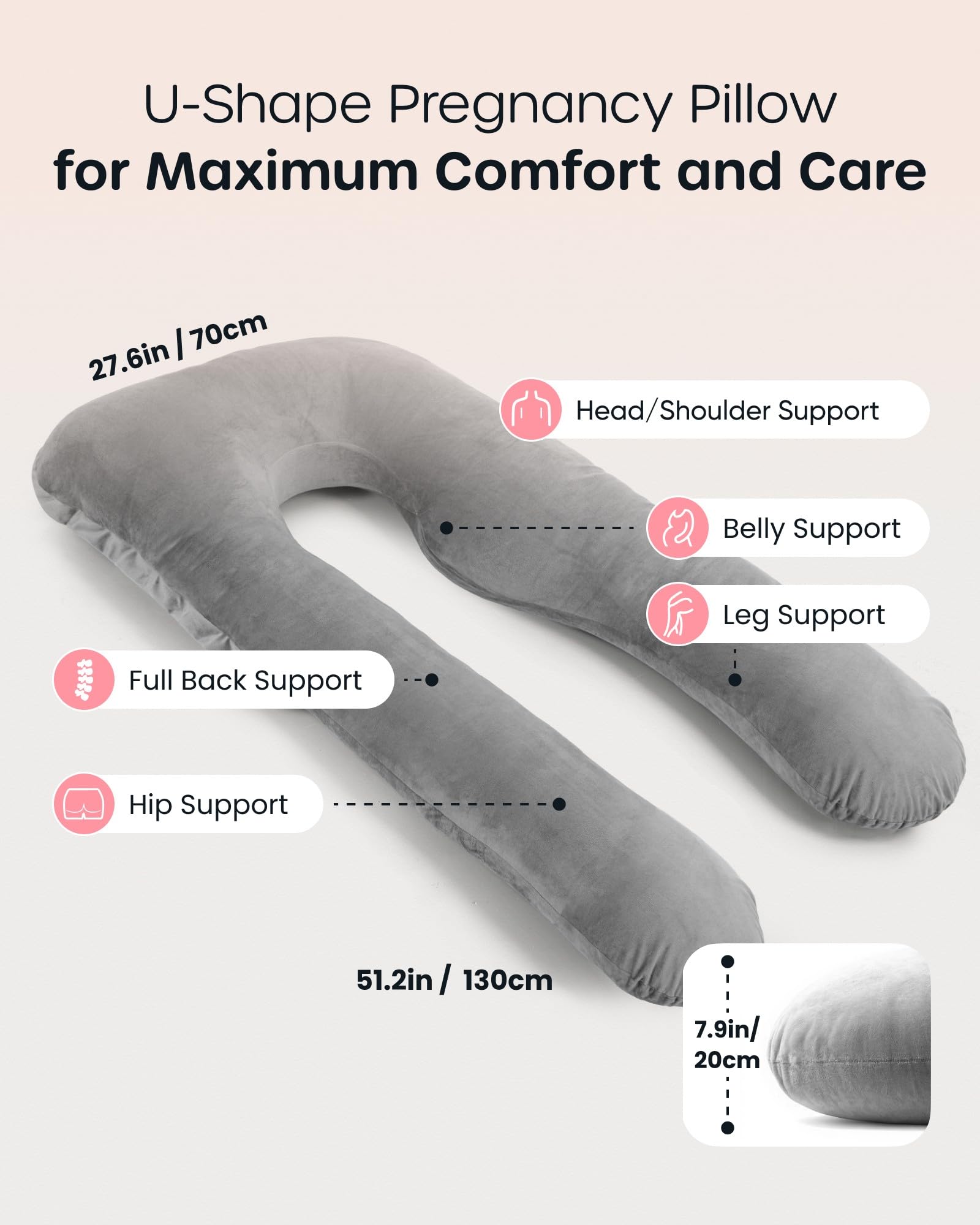 Nuliie Pregnancy Pillow for Sleeping, U Shaped Full Body Pillow Pregnancy Pillows, Maternity Pillow Support for Back, HIPS, Legs for Pregnant Women, with Washable Velvet Cover (Grey)