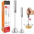 Stainless Steel Egg Whisk - Easy to Use Semi-Automatic Push-Down Zip Whisker - Rotary Hand Mixer for Beating Eggs, Frothing Milk, Blending, Mixing, Whipping Smoothies & Shakes - 2 Pack (12 &14 Inch)
