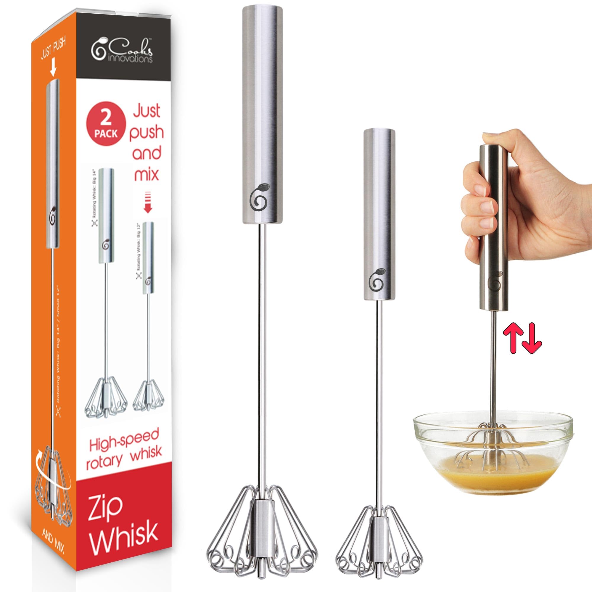 Stainless Steel Egg Whisk - Easy to Use Semi-Automatic Push-Down Zip Whisker - Rotary Hand Mixer for Beating Eggs, Frothing Milk, Blending, Mixing, Whipping Smoothies & Shakes - 2 Pack (12 &14 Inch)