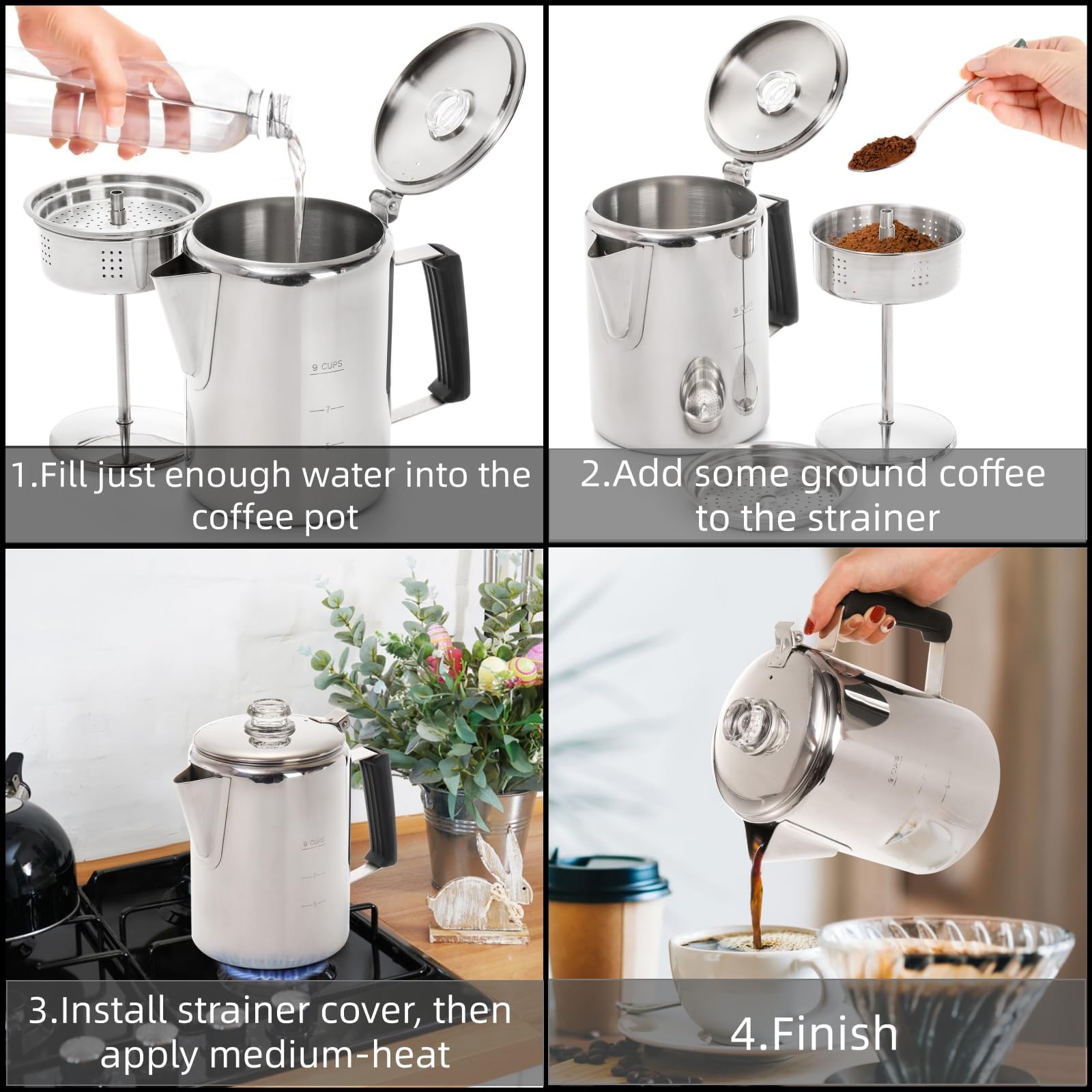 Cididu Coffee Percolator 9 Cup Camping Coffee Pot, Coffee Pot Outdoors, Stainless Steel Stove Top Brew Coffee Maker on Fire, Ideal for Group Camping, Hiking, Backpacking, RV and Travel