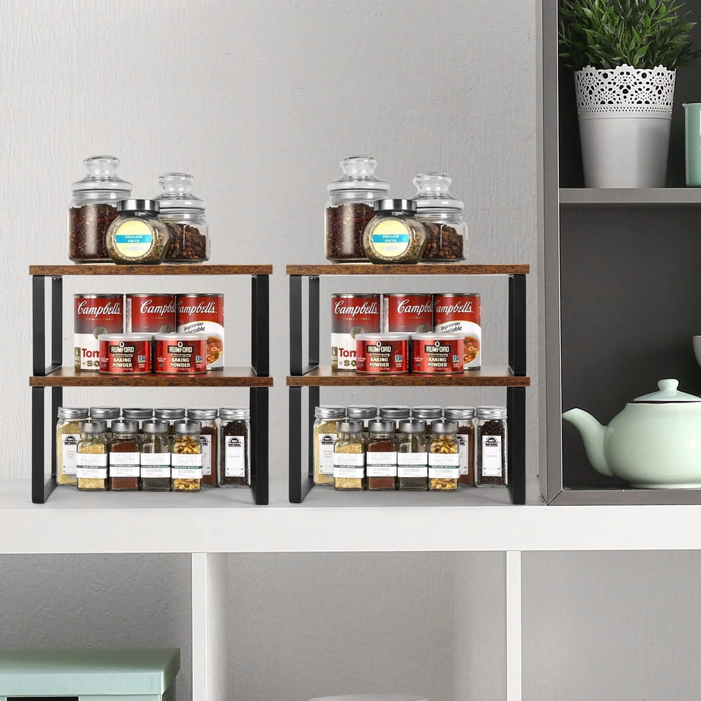 Cabinet Shelf Organizers, Set of 4 Wood and Metal Kitchen Storage Racks, Stackable Countertop Shelves, Expandable Pantry and Cupboard, Modern Black and Brown