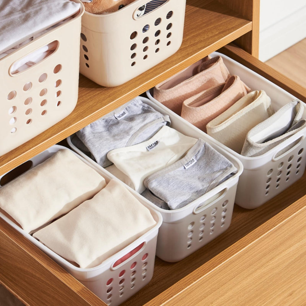 DEAYOU 9 Pack Plastic Storage Basket, Small Pantry Organizer Basket Bins, Rectangular Storage Tray Basket Container with Handle for Shelf, Household, Desktop (Beige, White, Gray)