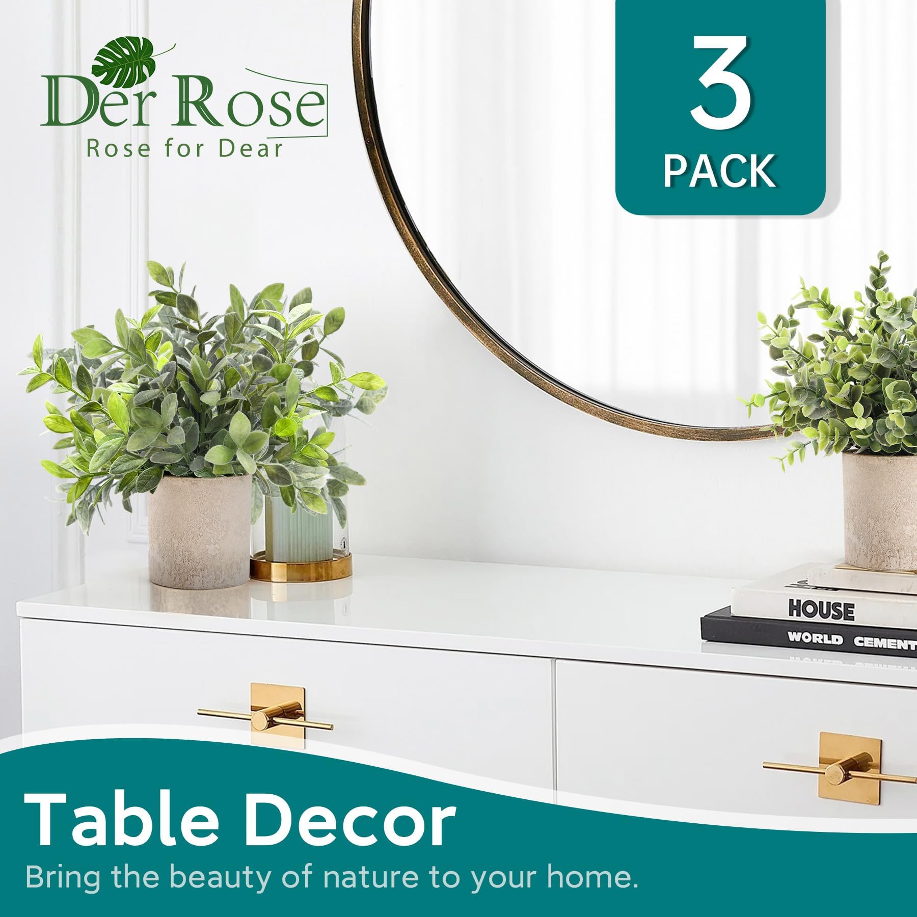 Der Rose 3 Pack Mini Potted Fake Plants Artificial Plastic Eucalyptus Plants for Home Office Desk Farmhouse Room Decor Indoor