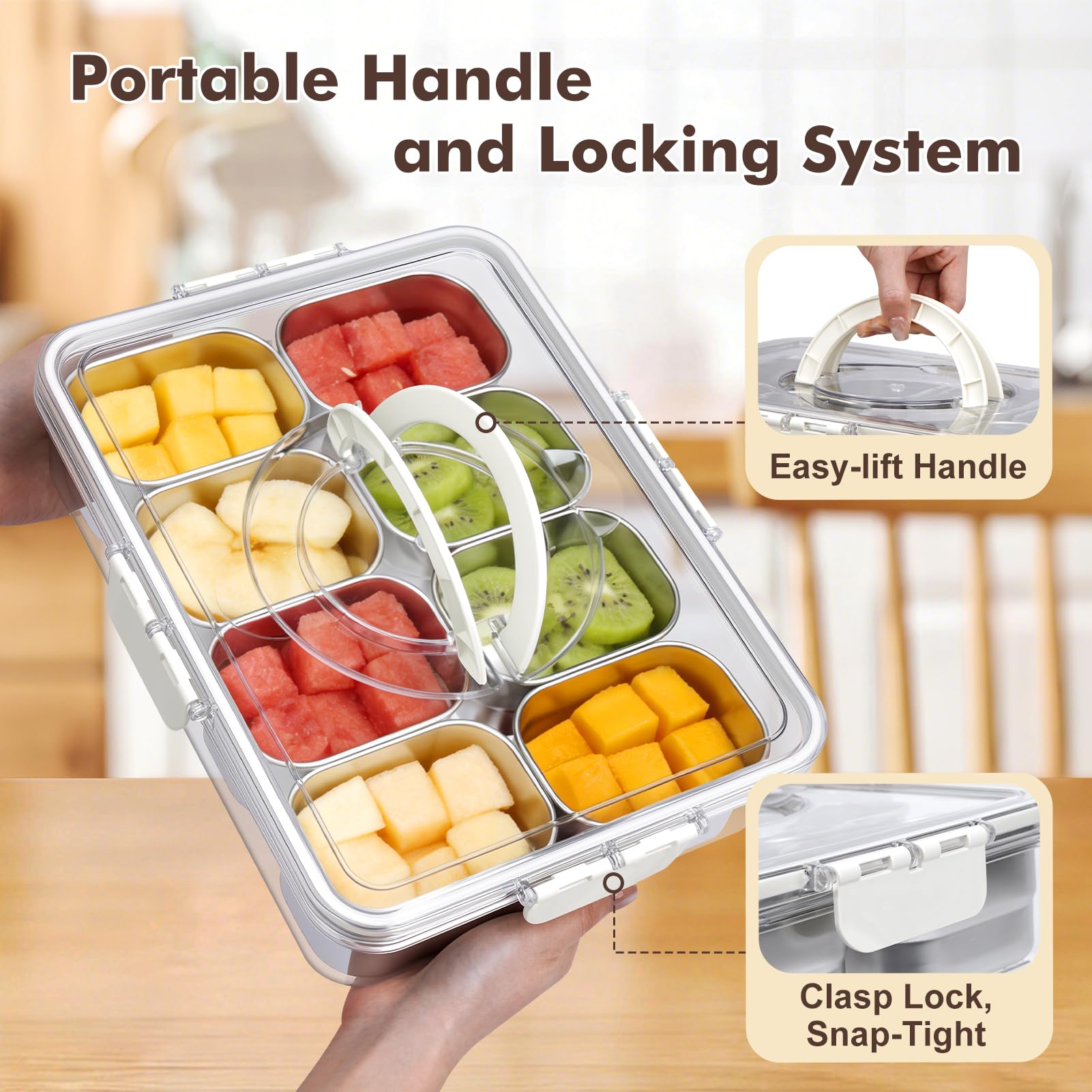 Snackle Box Container with Handle - 8 Compartment Divided Serving stainless steel Tray with Lid - Crystal Clear Charcuterie Box for Travel, Parties, Movie Nights & Daily Snacks
