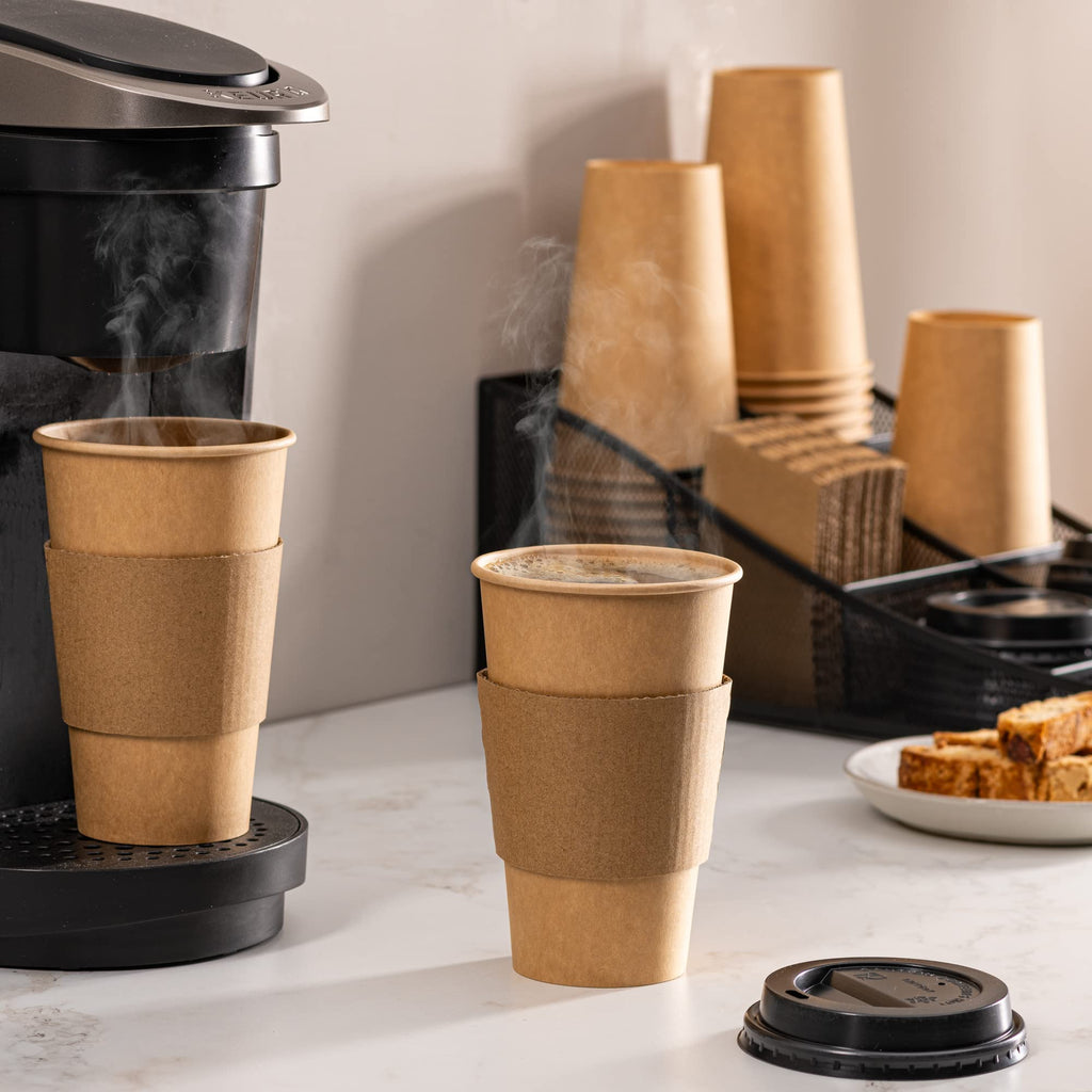 GUSTO [16 oz. - 50 Sets] Disposable Kraft Coffee Cups with Black Lids, Sleeves - to Go Paper Hot Cups (Formerly Comfy Package)