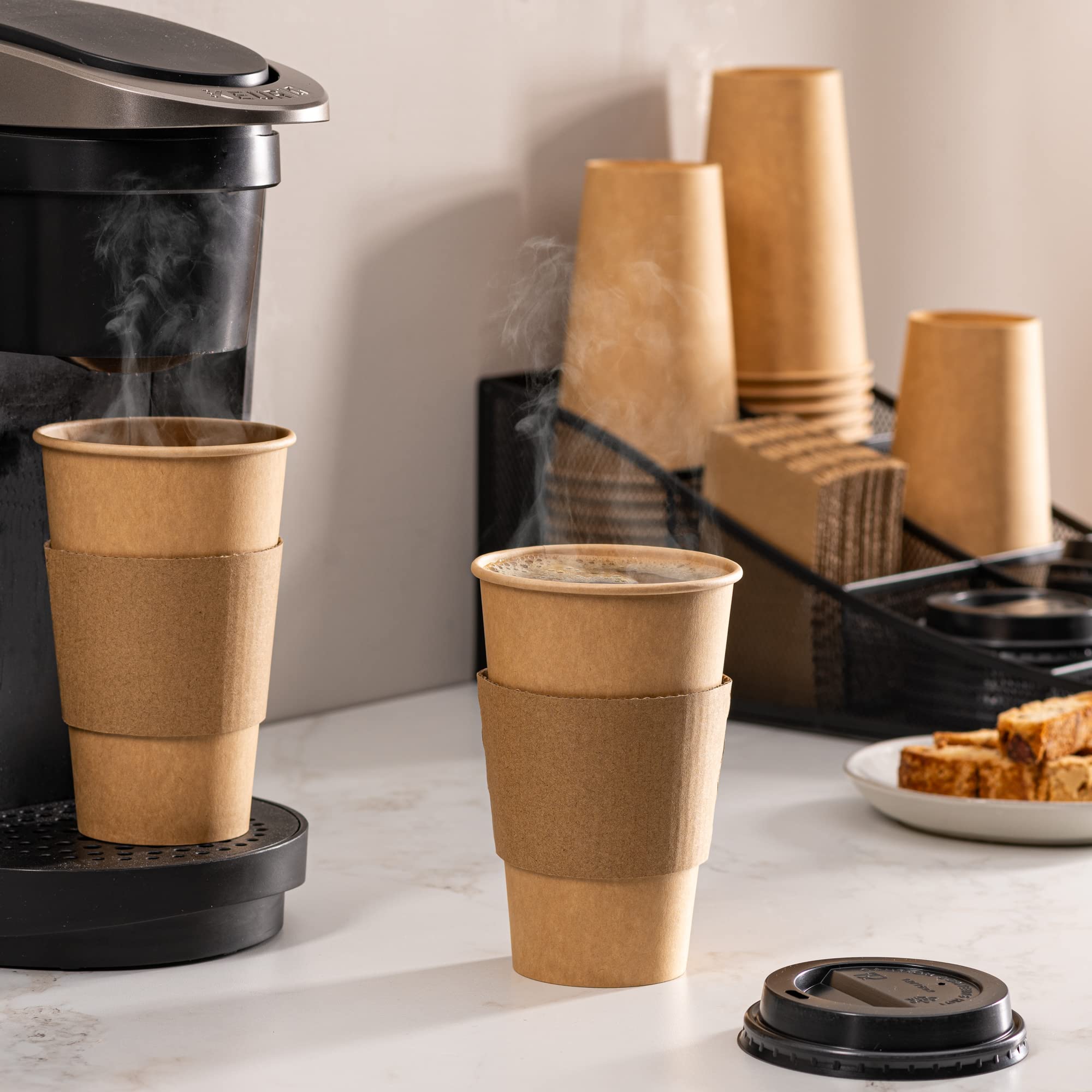 GUSTO [16 oz. - 50 Sets] Disposable Kraft Coffee Cups with Black Lids, Sleeves - to Go Paper Hot Cups (Formerly Comfy Package)
