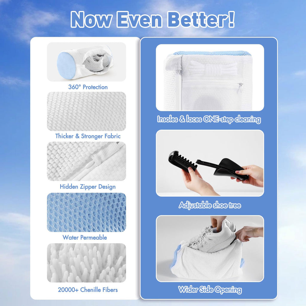 2PCS Shoe Washing Bag for Laundry, Update Tree to Prevent Deformation, 2 Pocket for One-Step Wash Laces Insole Socks, 360°Deep Clean Shoe Laundry Bag for Sneaker Tennis Hiking, Invisible Zipper, White