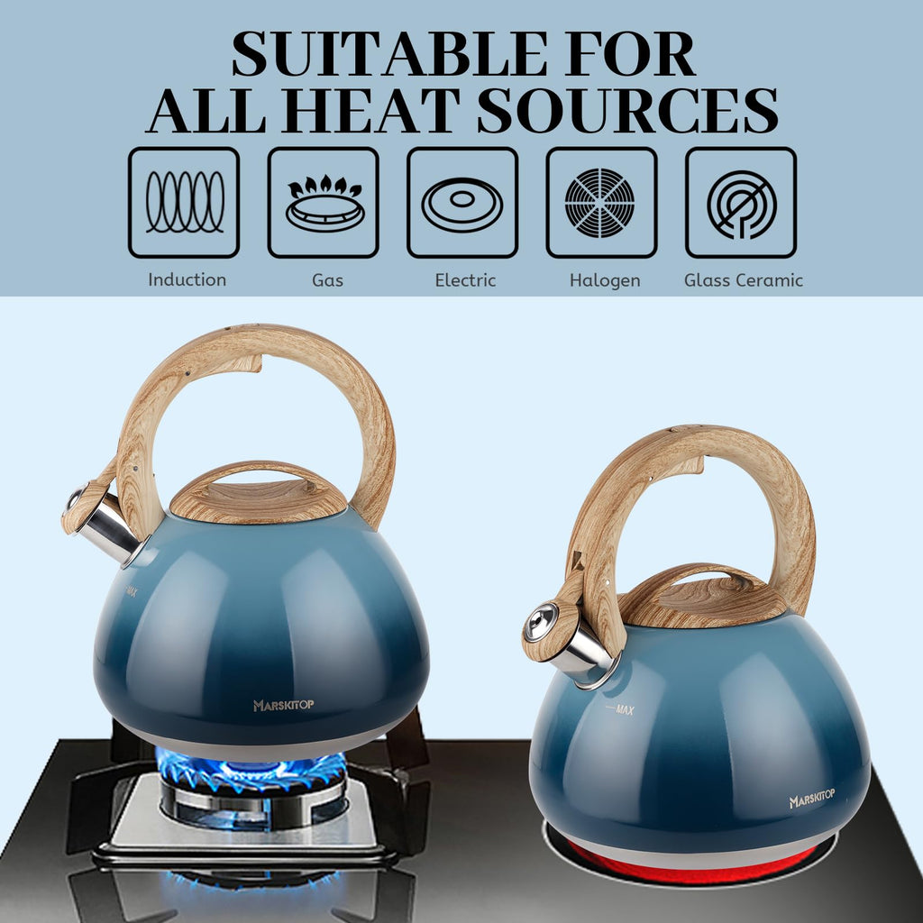 Whistling Tea Kettle for Stove Top Stainless Steel Tea Kettle Small Tea Pots 2.6 Quart with Wood Pattern Anti-Hot Handle (Blue)