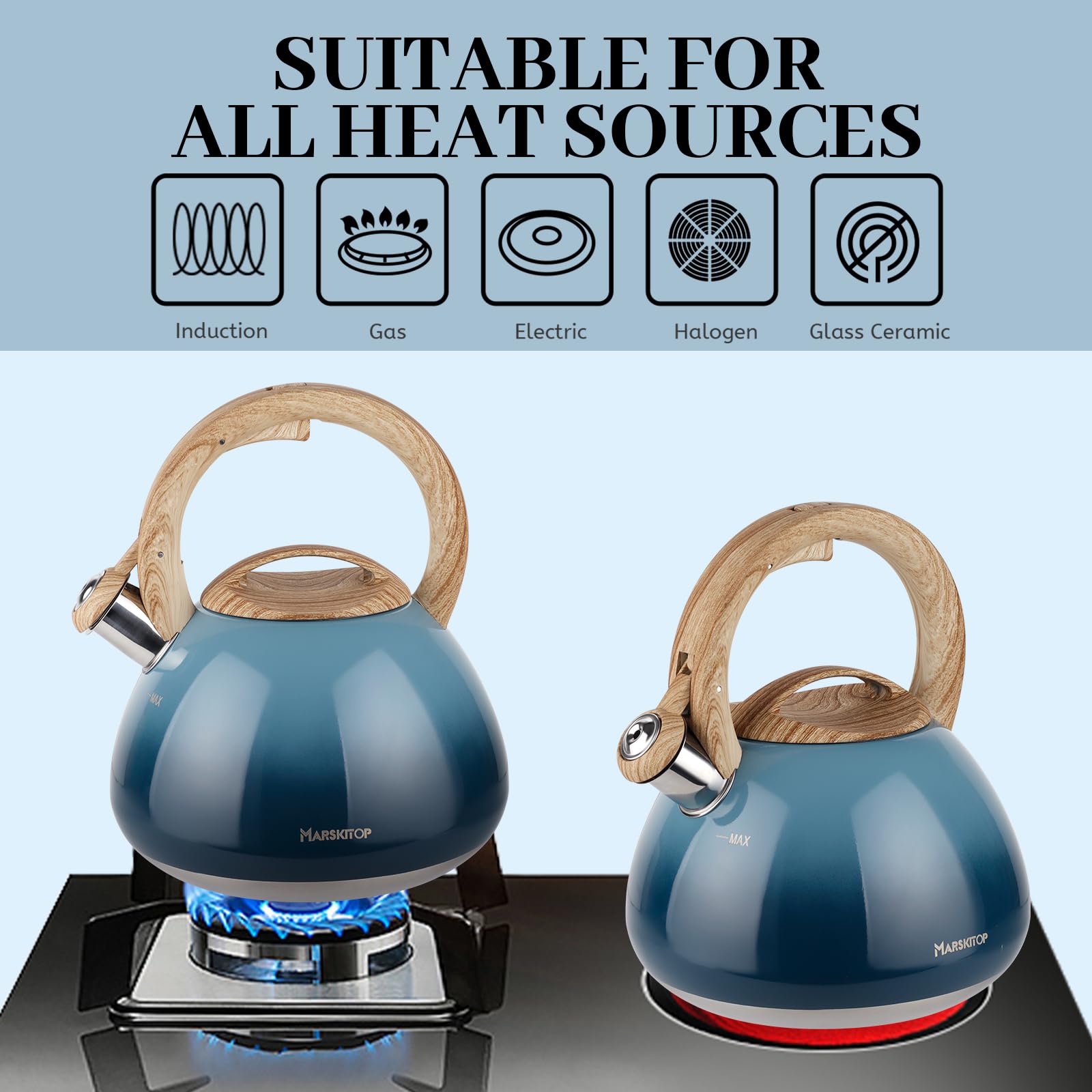 Whistling Tea Kettle for Stove Top Stainless Steel Tea Kettle Small Tea Pots 2.6 Quart with Wood Pattern Anti-Hot Handle (Blue)