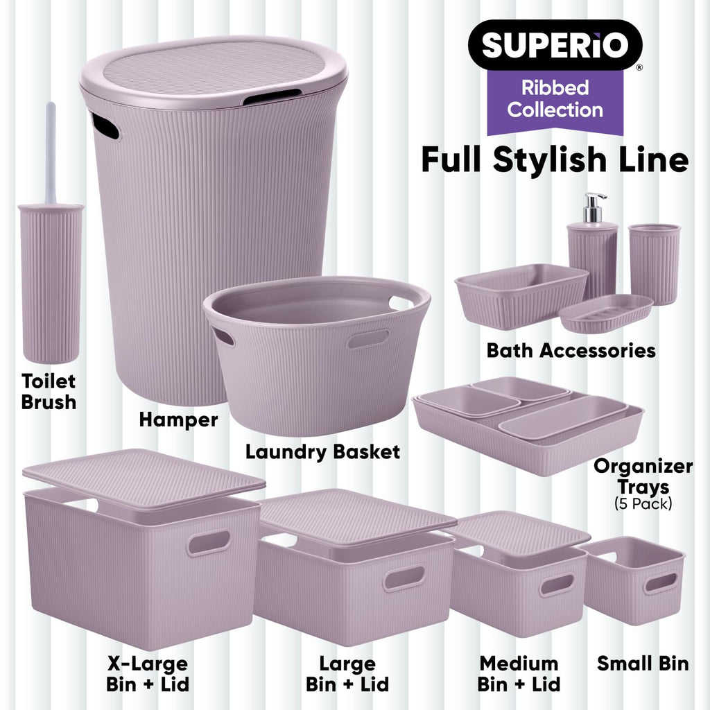 Superio Ribbed Collection - Decorative Plastic Toilet Bowl Brush and Holder Set, Lilac Purple (1 Pack) Cleaner Scrubber for Bathroom