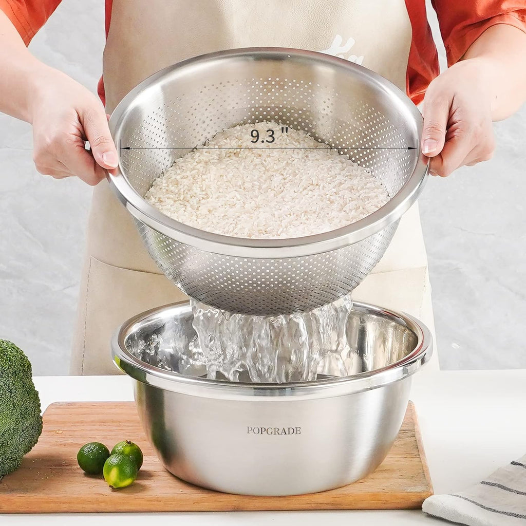 POPGRADE 304 Stainless Steel Colander Rice Washing Bowl Set, 3.5 QT Colanders & Food Strainers, Rice Strainer Washer Fruit Cleaner Bowl, Vegetable Fruit Washing Colander with Salad Mixing Bowl (2pcs)