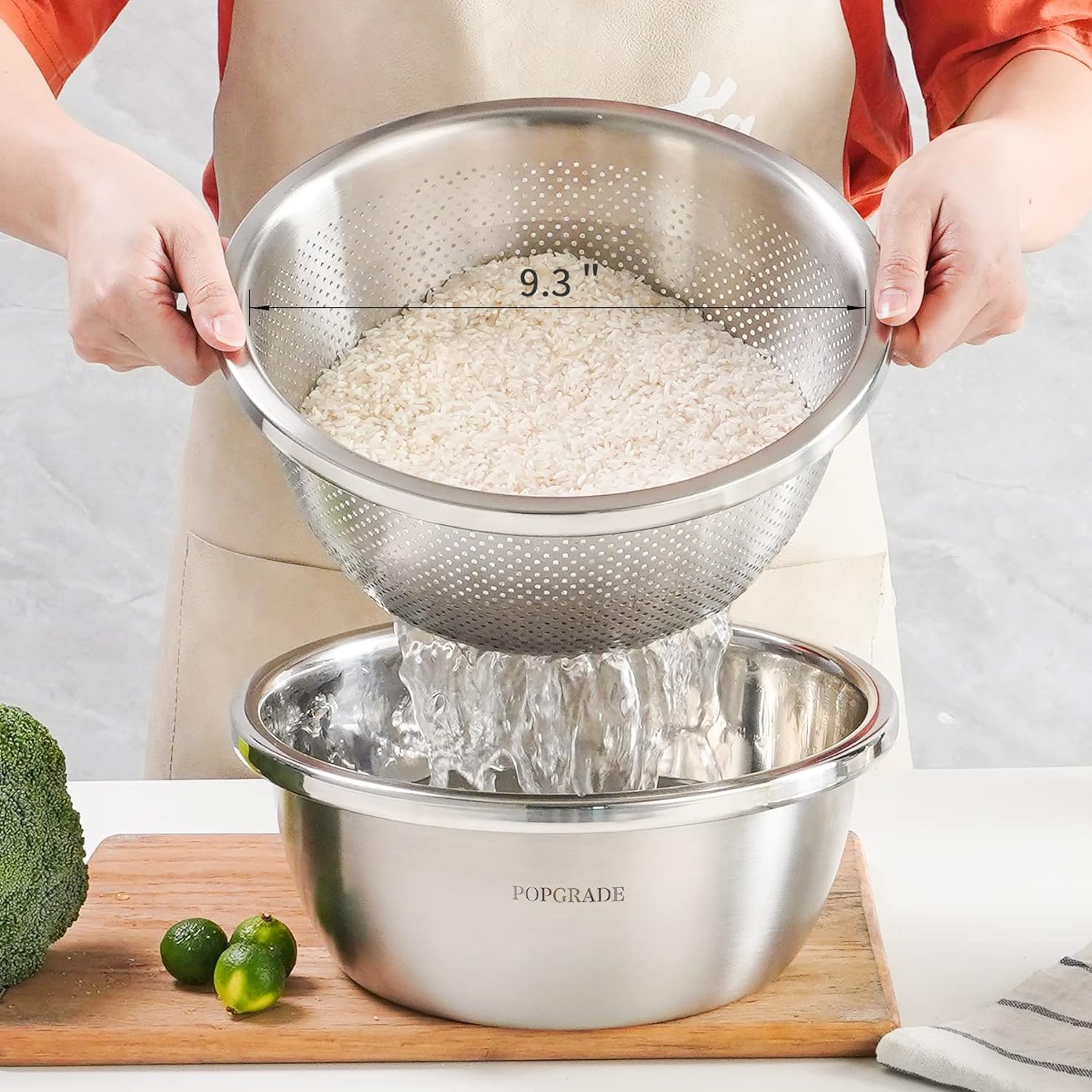 POPGRADE 304 Stainless Steel Colander Rice Washing Bowl Set, 3.5 QT Colanders & Food Strainers, Rice Strainer Washer Fruit Cleaner Bowl, Vegetable Fruit Washing Colander with Salad Mixing Bowl (2pcs)
