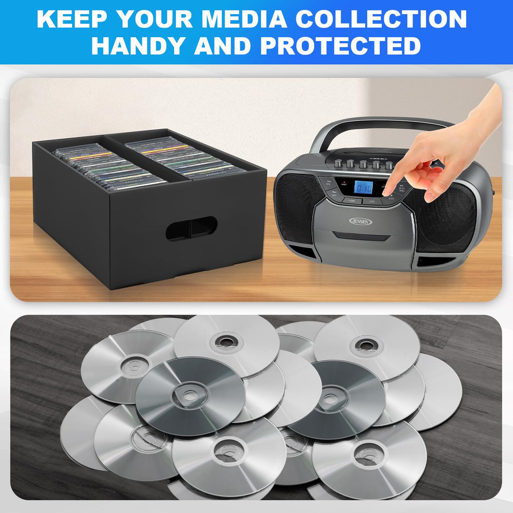 AOPULE CD Storage Boxes, 3 Pack 2 Compartment CD Case Storage, Cardboard DVD Case Holder with PVC Clear Lid, Each Holds 60 CDs in Full Jewel Cases,120 CDs in Slim Cases, 330 Discs in Sleeves