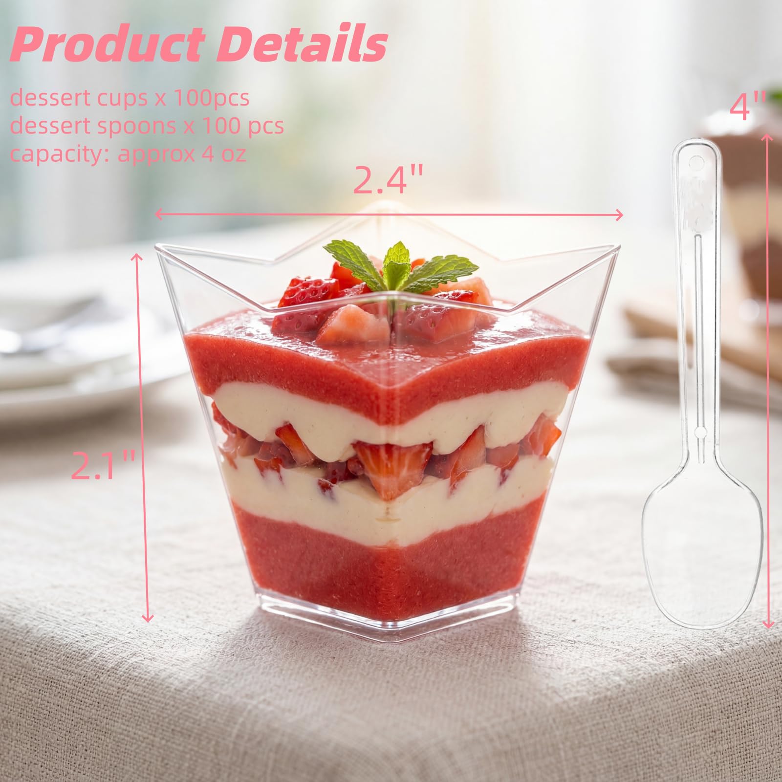 Lyellfe 100 Pack 4 Oz Dessert Cups with Spoon, Clear Plastic Cups, Mini Reusable Square Parfait Shooters Cups for Appetizer, Ice Cream, Pudding, Tasting Party