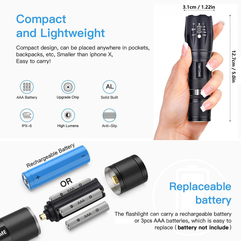 LED Flashlight, Ultra Bright XML T6 Handheld Flashlights - High Lumen, Zoomable, 5 Modes, Water-Resistant - Perfect for Camping Biking Home Emergency or Gift-Giving（2 Pack）
